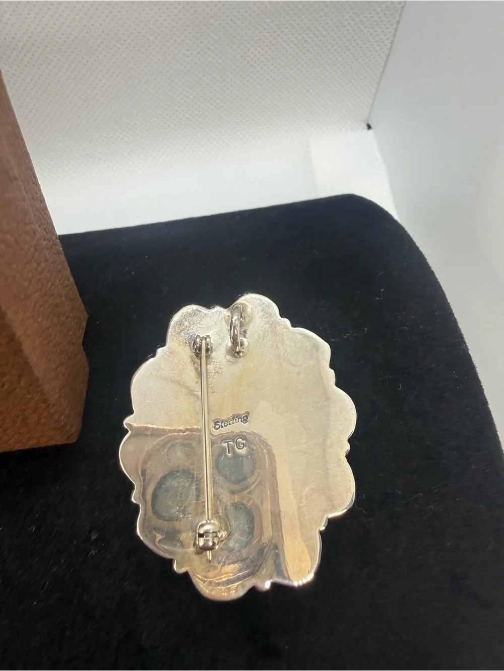 Sterling Silver Black Onyx Pendant Brooch Native American Signed TG